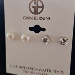 2-Pc. Set Cultured Freshwater Pearl (7mm) & Cubic Zirconia Stud Earrings in SS